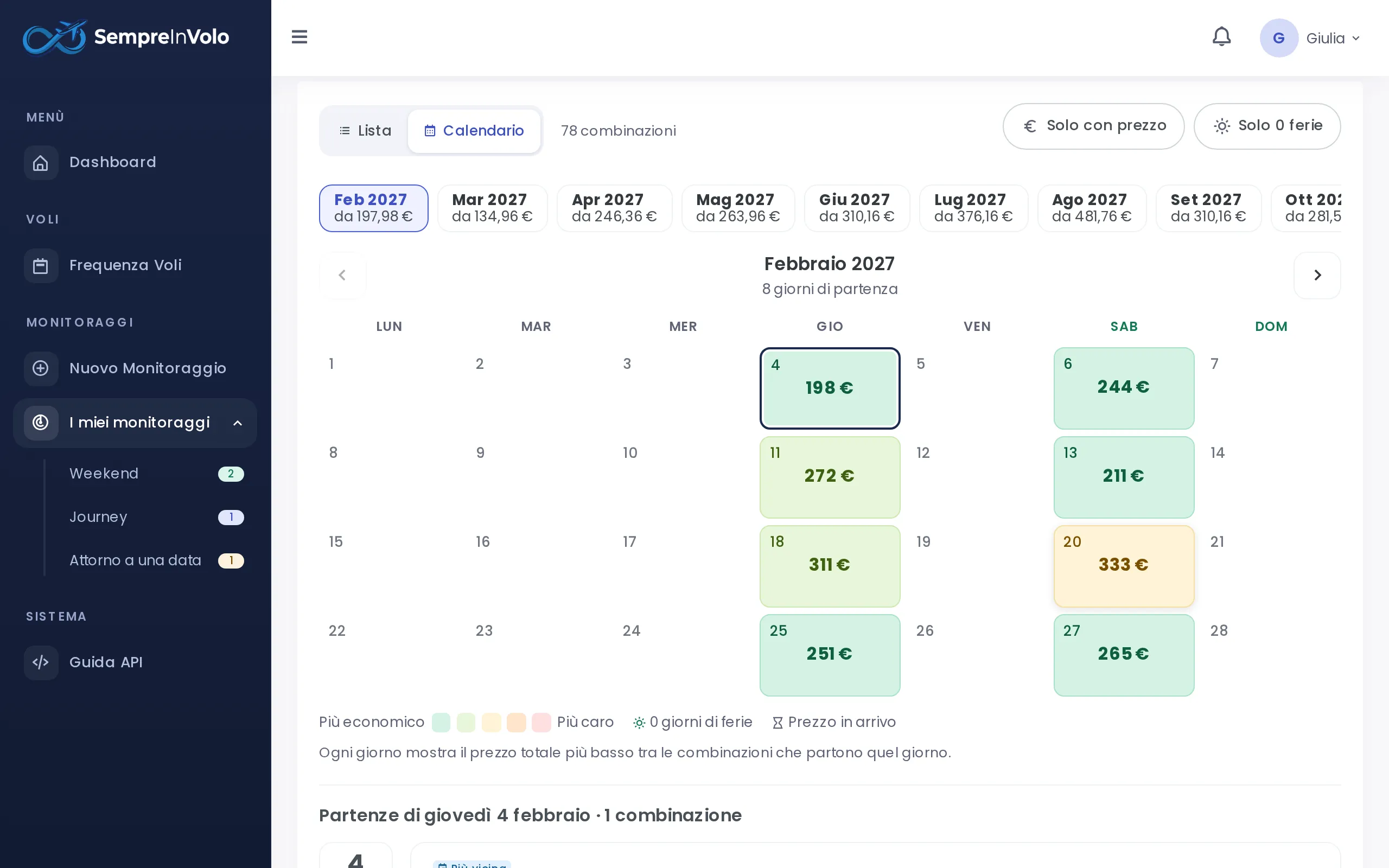 Vista calendario con il prezzo più basso di ogni giorno di partenza (Desktop)