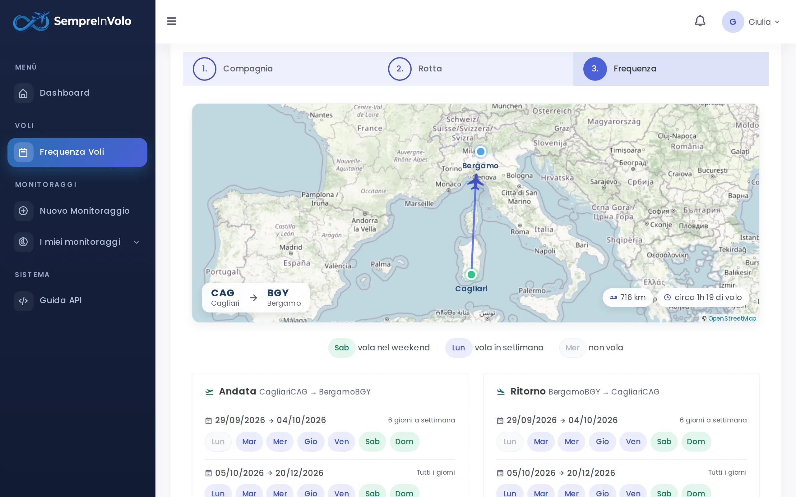 Mappa della rotta e giorni della settimana in cui è operata (Desktop)
