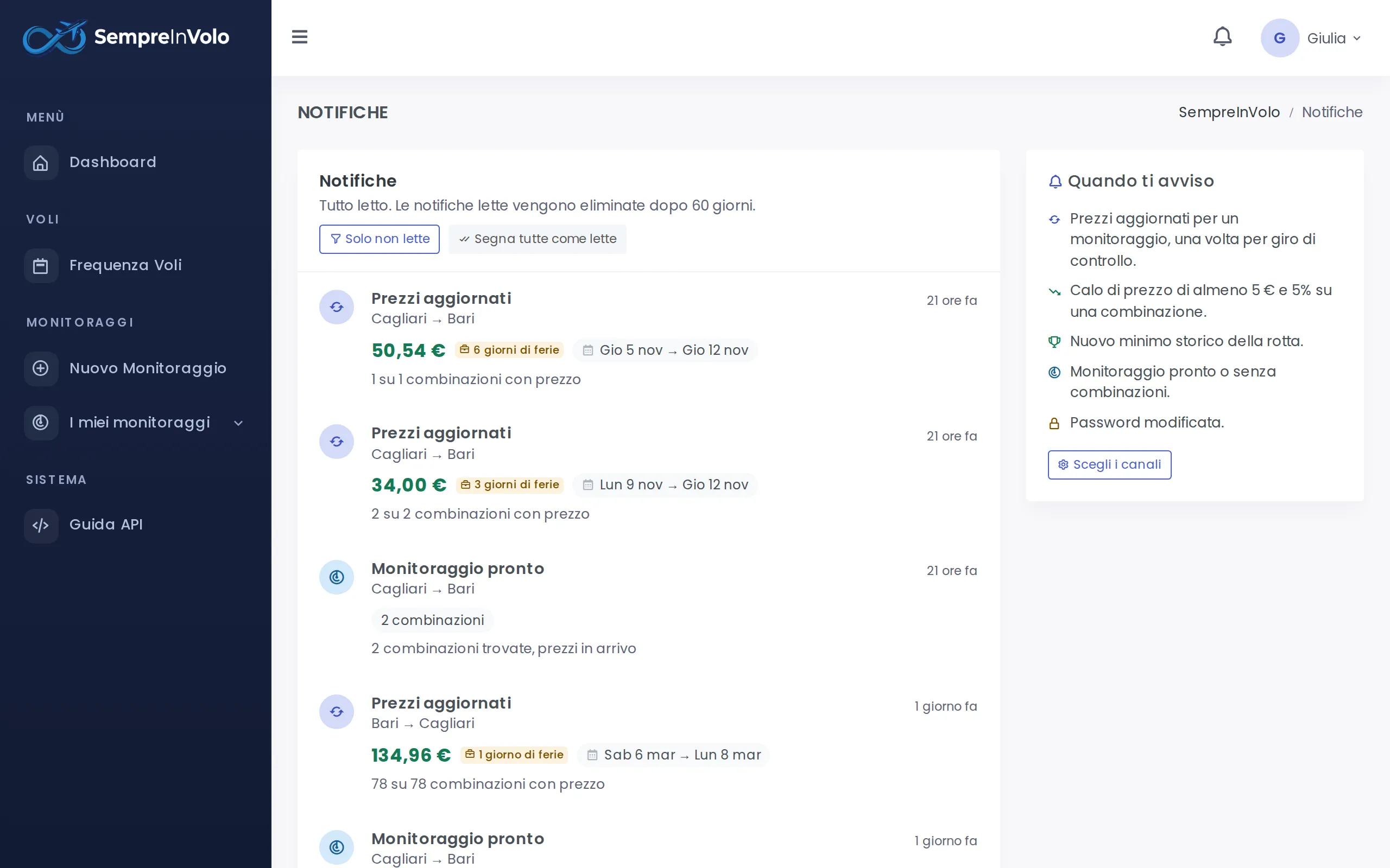 Elenco delle notifiche di calo prezzo e nuovi minimi (Desktop)