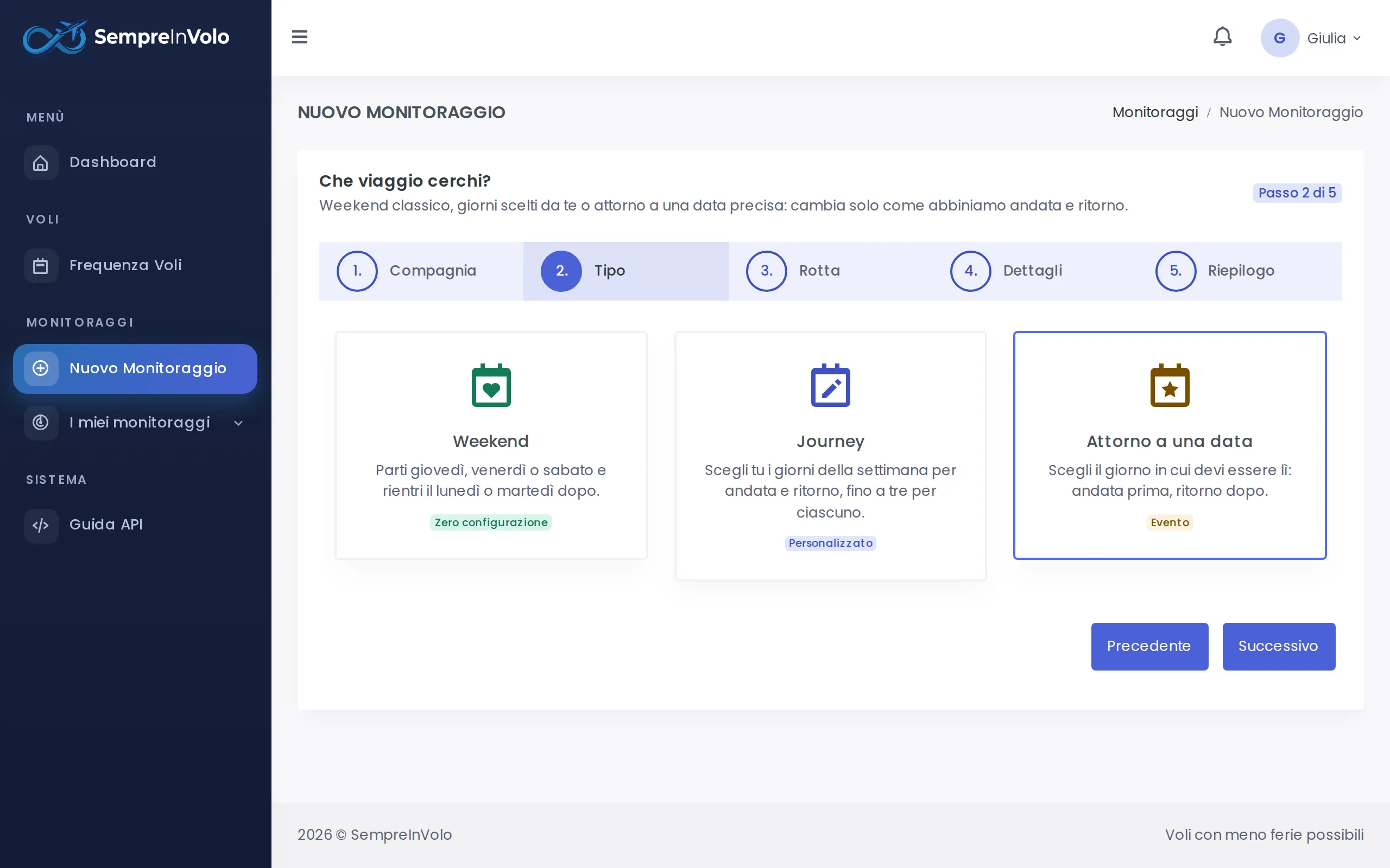 Scelta del tipo di monitoraggio nel wizard di SempreInVolo (Desktop)