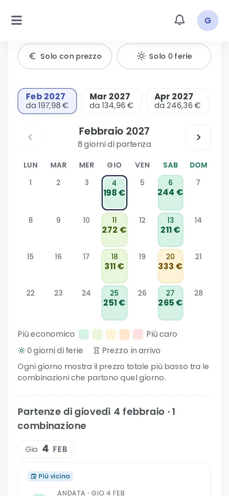 Vista calendario con il prezzo più basso di ogni giorno di partenza (Mobile)