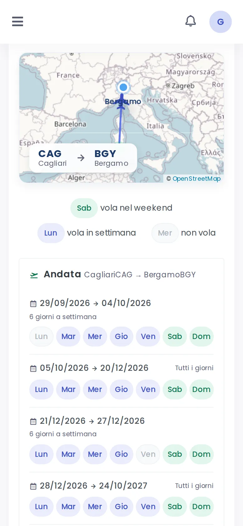 Mappa della rotta e giorni della settimana in cui è operata (Mobile)