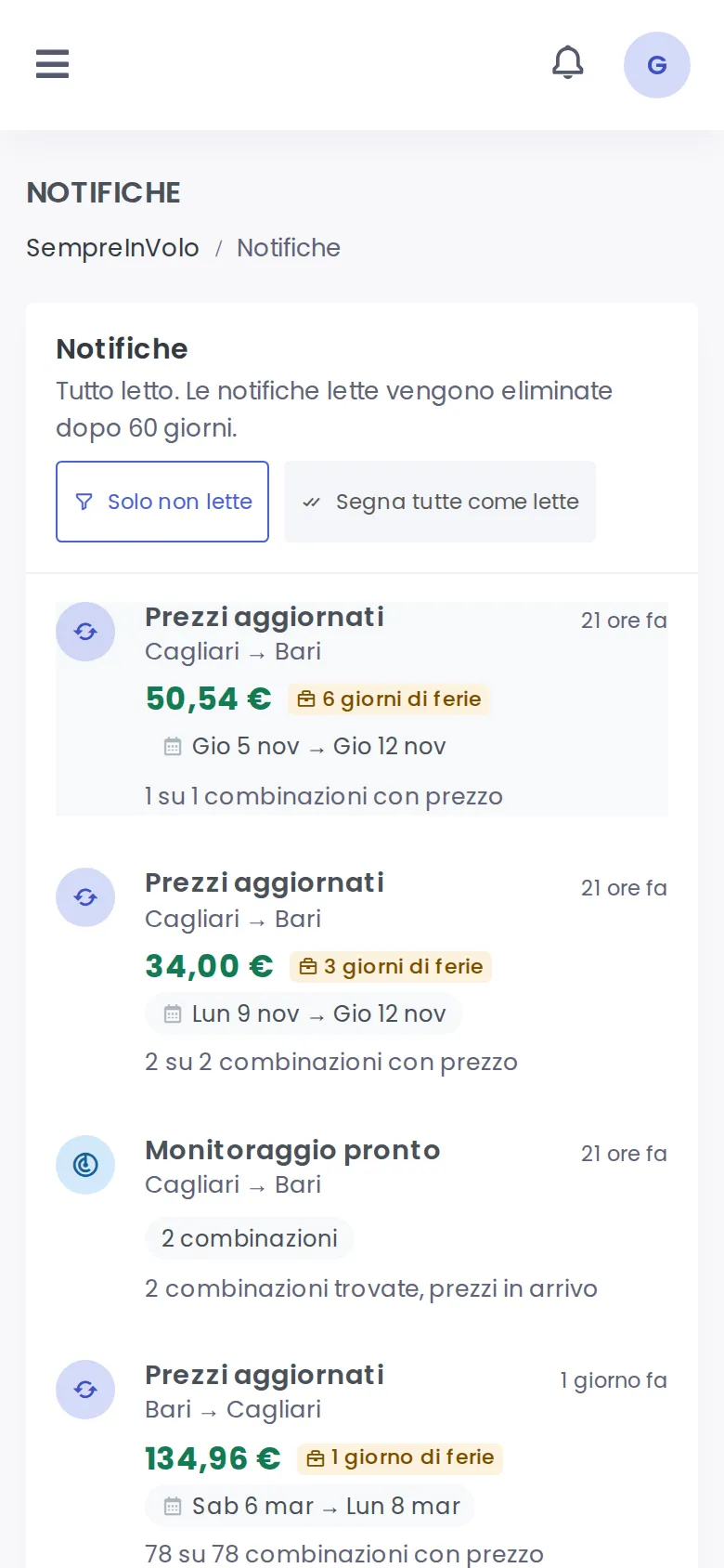 Elenco delle notifiche di calo prezzo e nuovi minimi (Mobile)