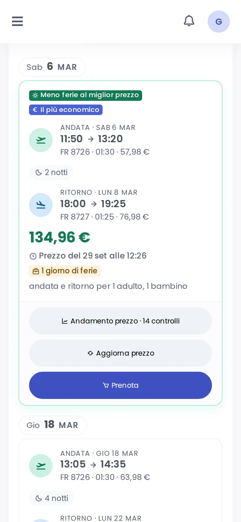 Timeline delle combinazioni di volo con prezzi e giorni di ferie (Mobile)