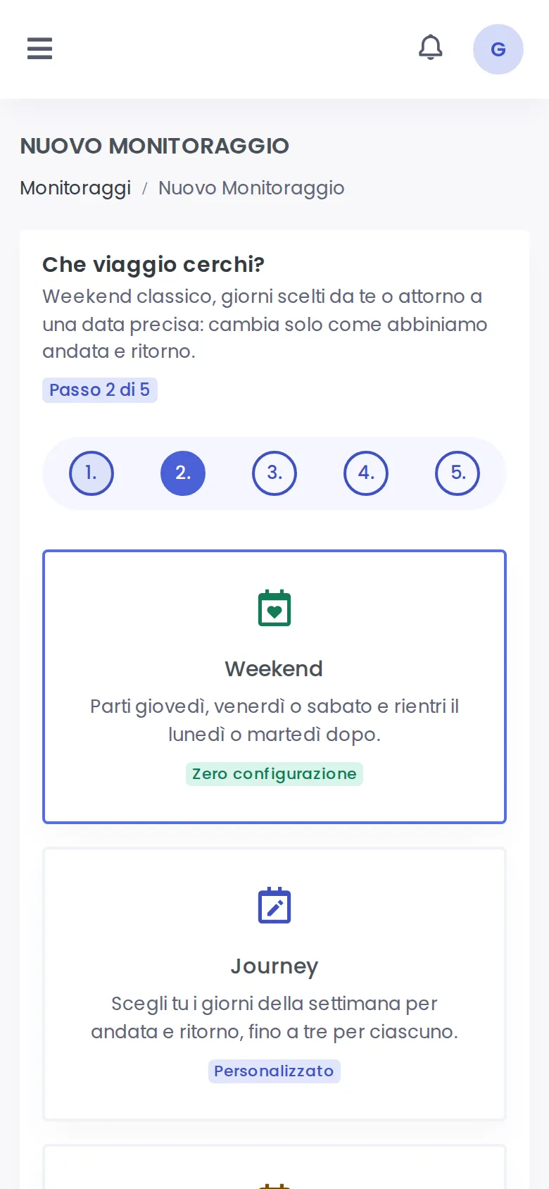 Scelta del tipo di monitoraggio nel wizard di SempreInVolo (Mobile)
